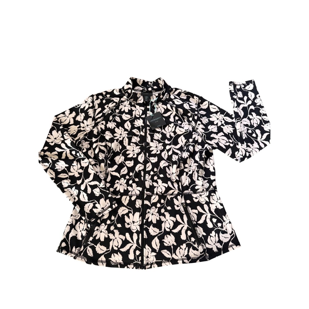 Cynthia Rowley Active Women Floral Zip Up Jacket Black White Mock Neck XL NWT‎